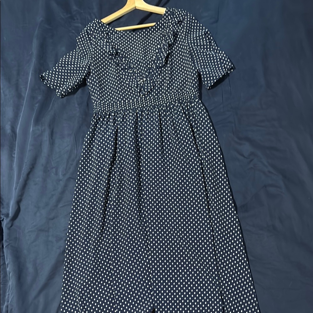 French - Blue Ruffled Polka Dot Midi Sundress